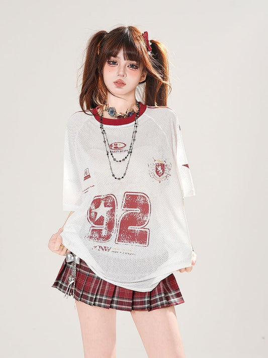 White Round Neck Number Print Hollow-out T-shirt