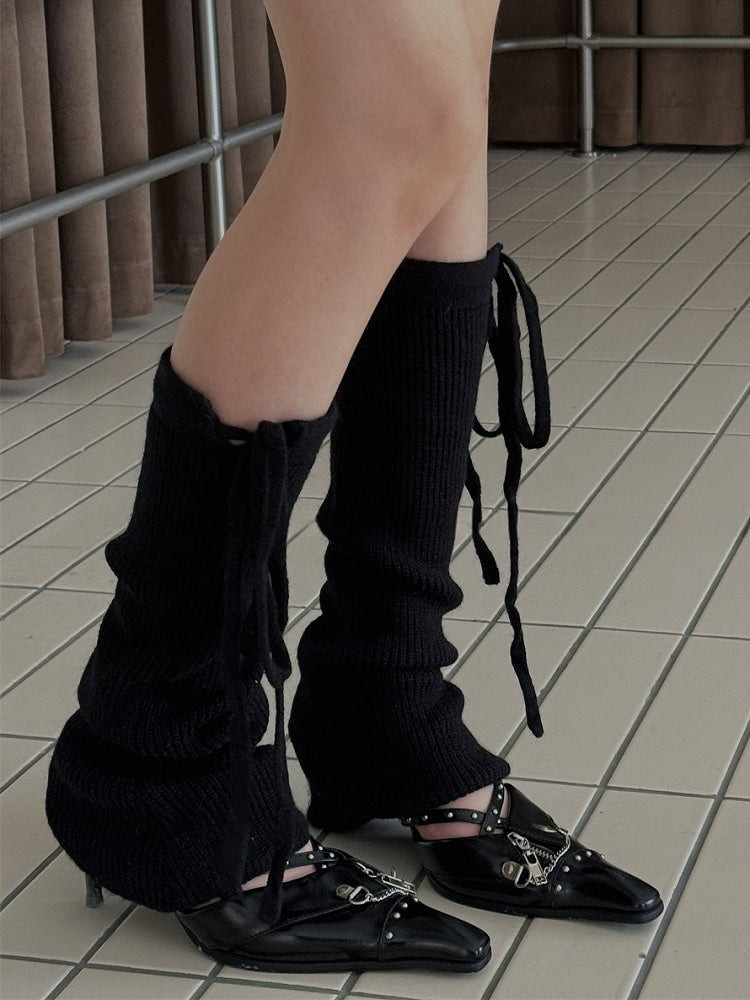 White/Light Grey/Black/Coffee/Khaki Self-tie Straps Knitted Leg Warmers