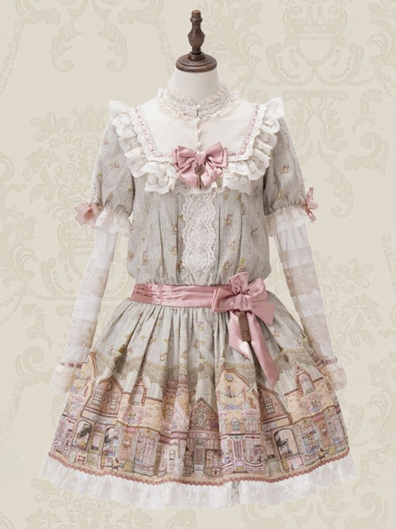 Green Ruffle Neckline Sweet Lolita Dress with Fairytale Town Print and Lace Trim