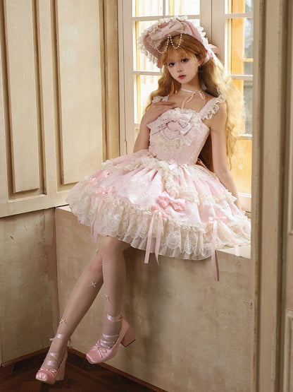 Pink Jacquard Fabric Sweet Bow Accents Dress Lolita Jumper Skirt