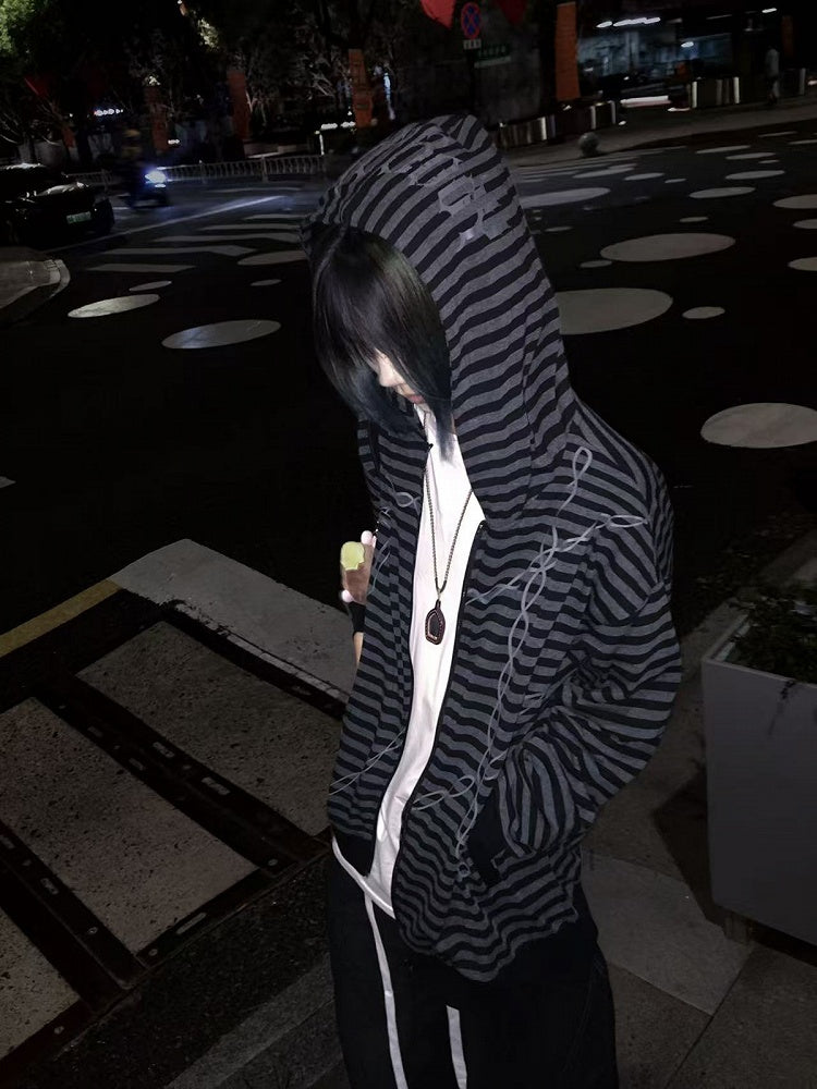 Black & Gray Stripes Zip-up Hooded Jacket for Autumn with Cross Chain Print