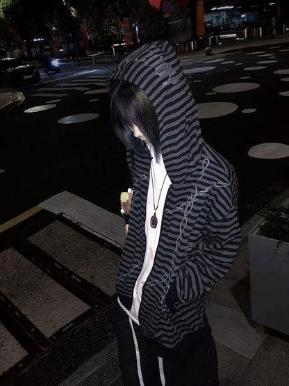 Black & Gray Stripes Zip-up Hooded Jacket for Autumn with Cross Chain Print