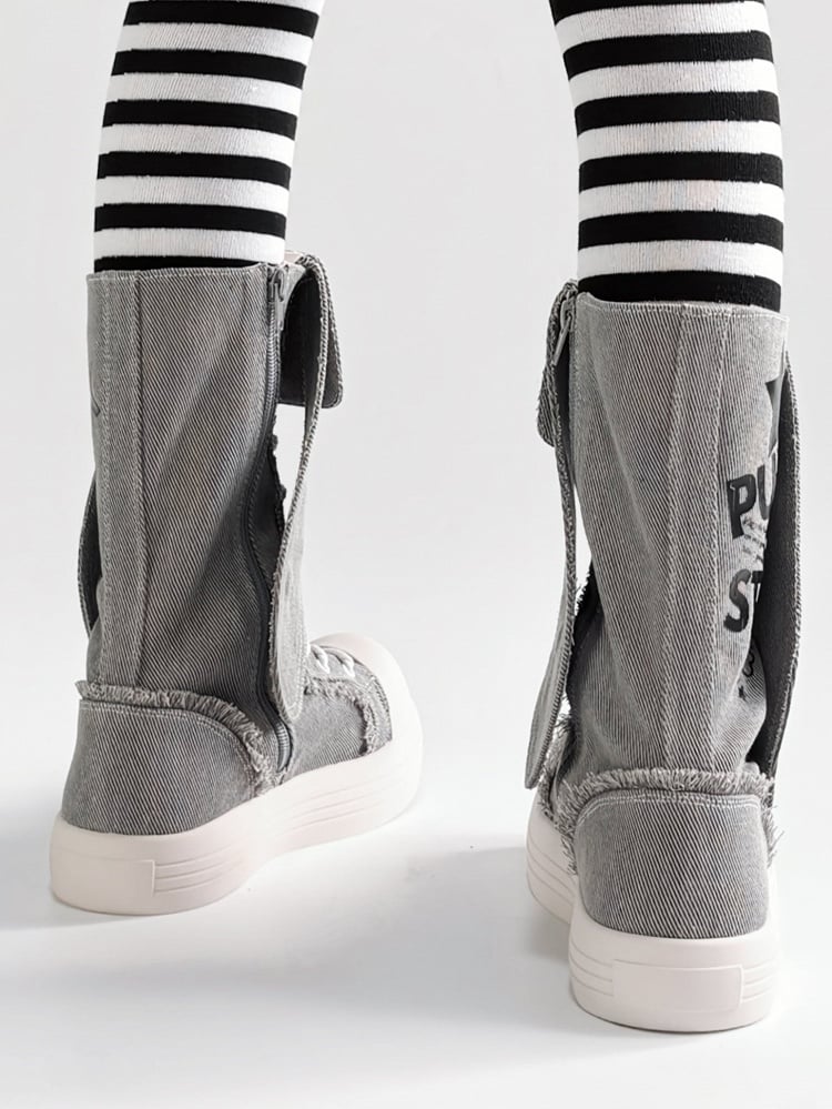Bunny Ear Details, Raw Hem & Secure Fastening Gray Mid-Calf Boots in Punk Style