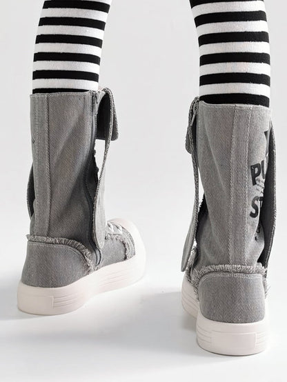 Bunny Ear Details, Raw Hem & Secure Fastening Gray Mid-Calf Boots in Punk Style