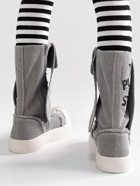 Bunny Ear Details, Raw Hem & Secure Fastening Gray Mid-Calf Boots in Punk Style