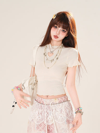 Pink/Apricot Crew Neck Heart-shaped Cutout Lettuce Hem T-shirt