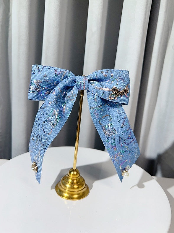 Blue Letter Print Beaded Decorated Bowknot Hairclip