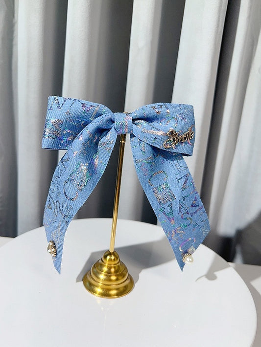 Blue Letter Print Beaded Decorated Bowknot Hairclip