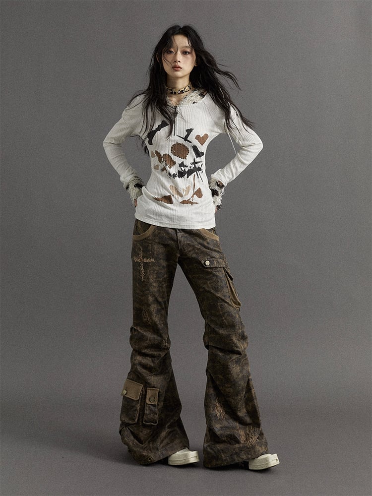 Dusty Grey Camo Low-waist Distressed Design Flared Cargo Pants