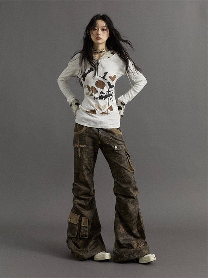 Dusty Grey Camo Low-waist Distressed Design Flared Cargo Pants