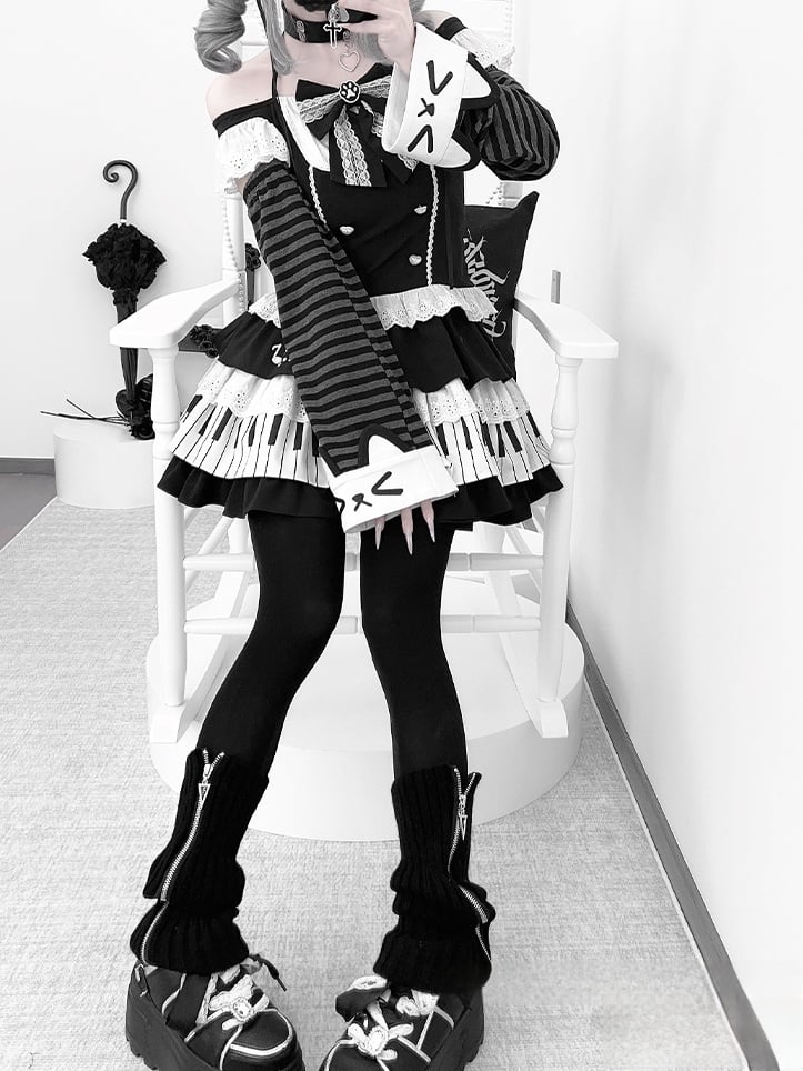 Black and White Flutter Sleeves Halter Top+ Piano Key Design Tiered Skirt + Striped Armwear Set
