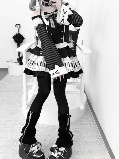 Black and White Flutter Sleeves Halter Top+ Piano Key Design Tiered Skirt + Striped Armwear Set