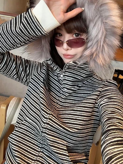 Black & White Striped Hoodie with Plush Fur Hood