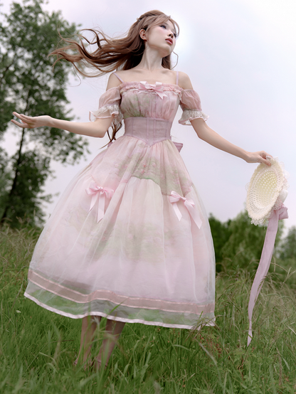 Oil Painting Water Lily Print Basque Waist Light Pink Dress with Organza Overlay