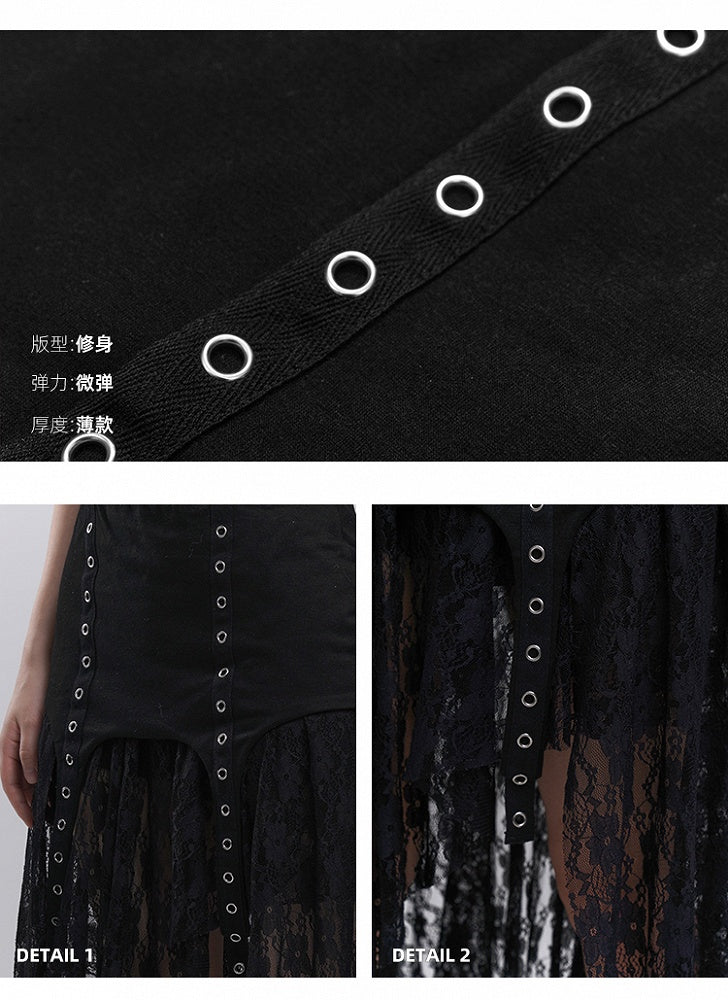 Black Elastic Waist Asymmetrical Hem Side Slit Lace Skirt
