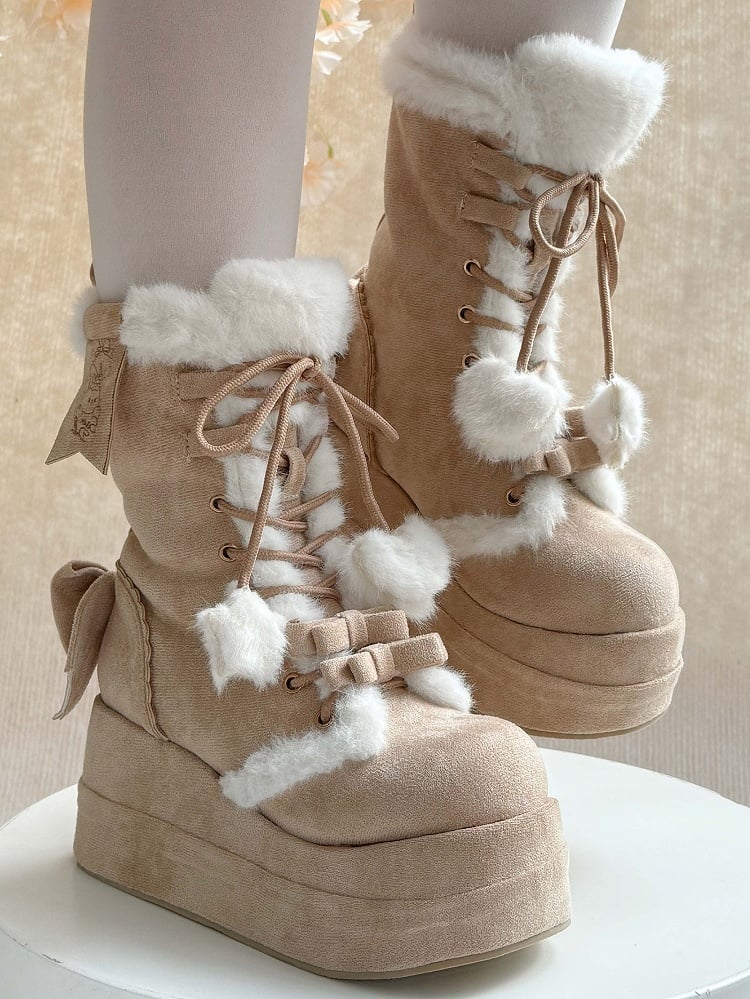 Light Brown Sweet Lolita Platform Boots with Cozy Fleece Lining, Lace-up Closure & Bow Details