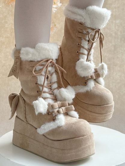 Light Brown Sweet Lolita Platform Boots with Cozy Fleece Lining, Lace-up Closure & Bow Details