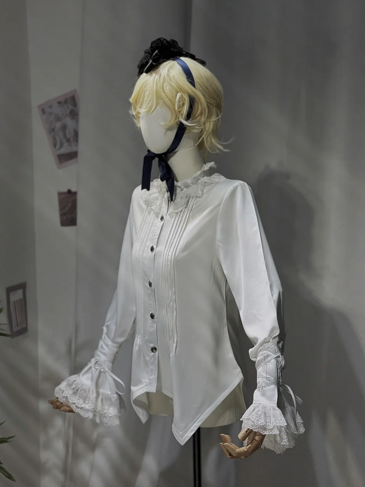 White Ouji Lolita Ruffle Neckline Prince Style Long Sleeves Shirt