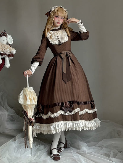 Beige Ruffle Neckline Brown Long Sleeves Striped Dress with Waist Belt