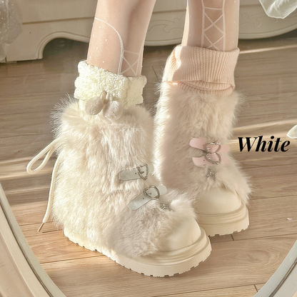 Black/Coffee/Pink/White Heart-shaped Buckle Bow Shaggy Boots