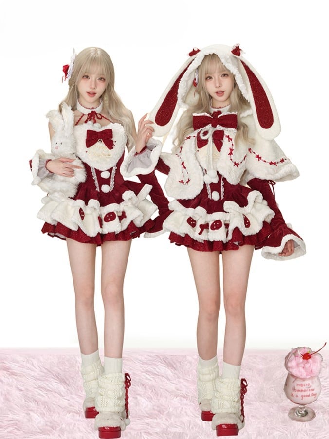 Cozy Bunny-Eared White Winter Hooded Cape with Christmas Red Bow Accents