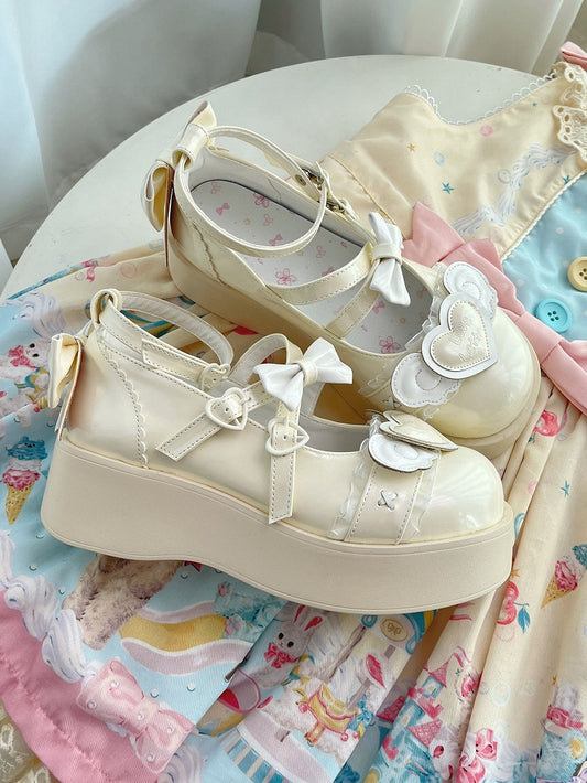 Creamy White Sweetheart and Bowknot Decorated Sweet Lolita Platforms