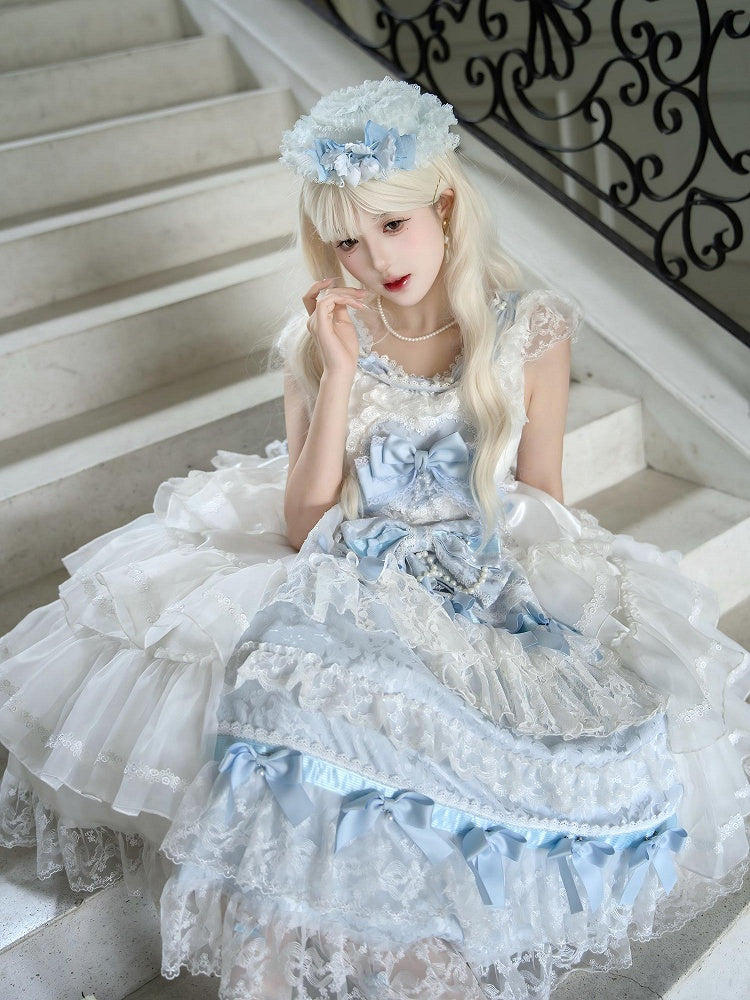 White and Blue Hanayome Bows Decoration Tiered Skirt Hime Lolita Dress
