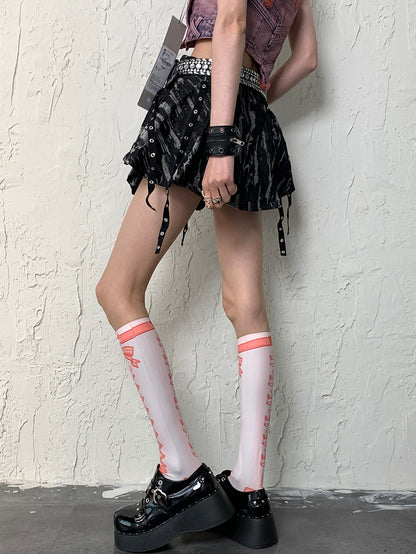 White&Orange Y2K Crisscorss Banded Bunny And Bowknot Print Underknee Stockings