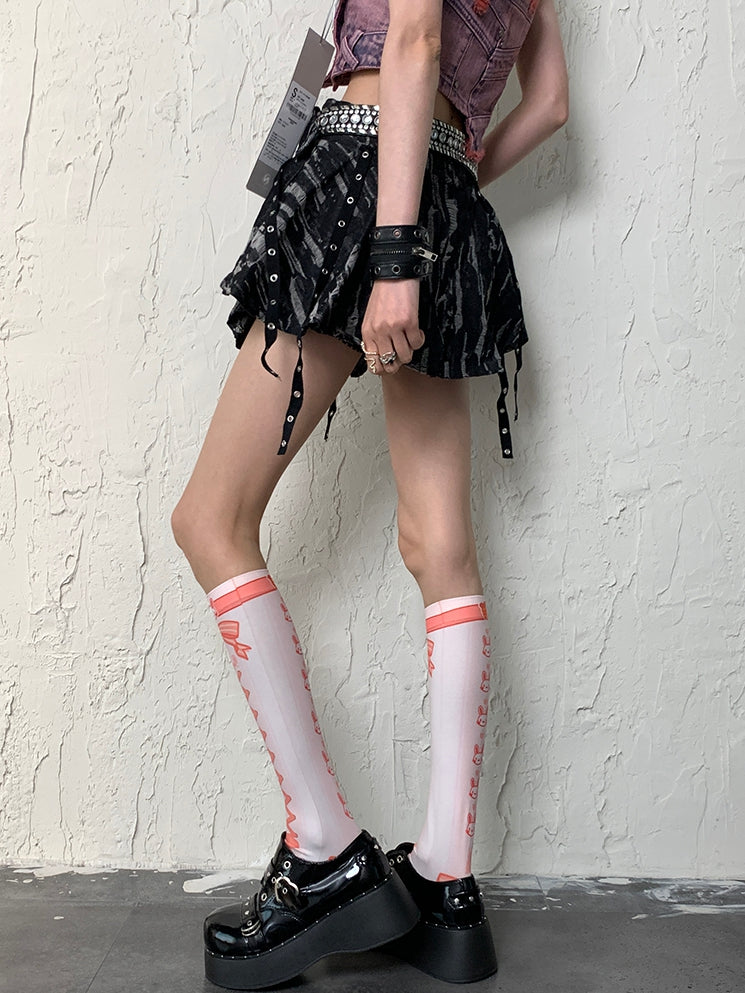 White&Orange Y2K Crisscorss Banded Bunny And Bowknot Print Underknee Stockings