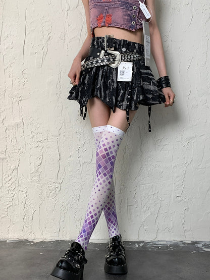 White&Purple Y2K Diamond Pattern Overknee Stockings