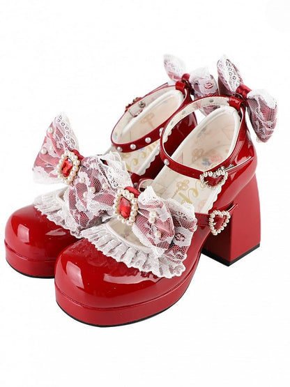 Polished Red Detachable Rhinestone And Beaded Decorated Bowknot Lace Trim Platform High Block Heels