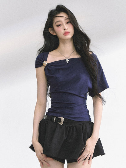 Navy Blue/Pink Asymmetrical Neckline Slim-fitting T-shirt