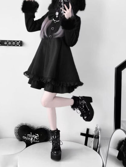 Jirai Kei Black A-Line Coat with Detachable Bunny Hood | Plush Ears & Cuffs | Wool Blend