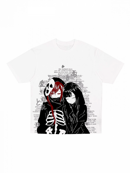 Emo Punk White Anime Couple Print Bittersweet Cotton T-shirt