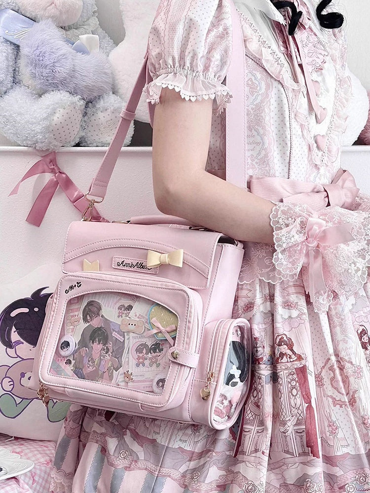 Pink 2-Way Ita Bag With Transparent Window And Bow Decoration