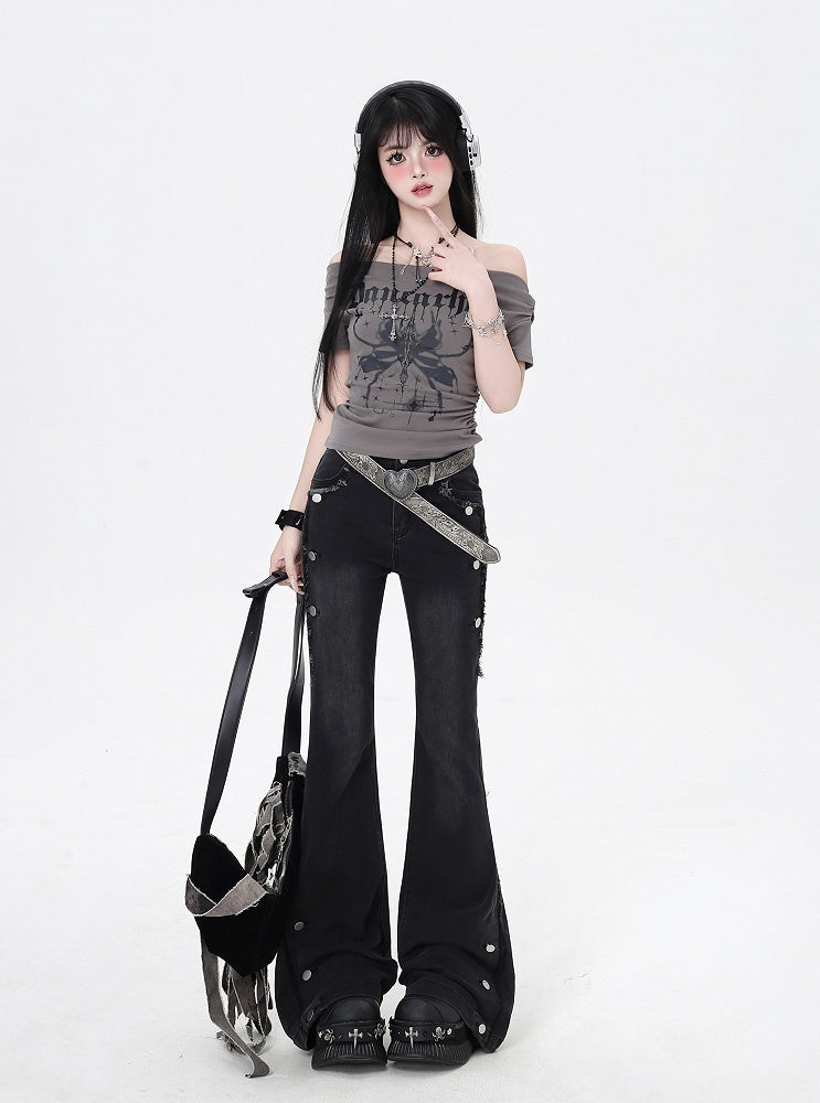 Black Raw Hem Vintage Glamorous Flared Jeans