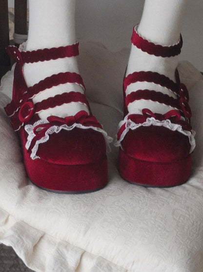 Lace Trim Bowknot at Top Velvet Wine Red Buckle Straps Platforms