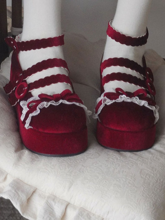 Lace Trim Bowknot at Top Velvet Wine Red Buckle Straps Platforms