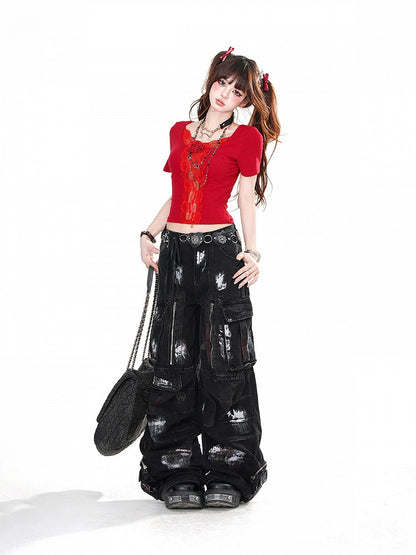 Black/Red Rosette Lace Trim Butterfly Cutout Detail Back Glamorous Cropped Top