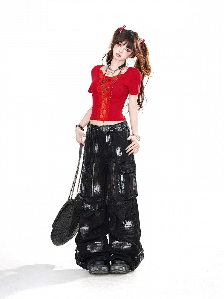 Black/Red Rosette Lace Trim Butterfly Cutout Detail Back Glamorous Cropped Top