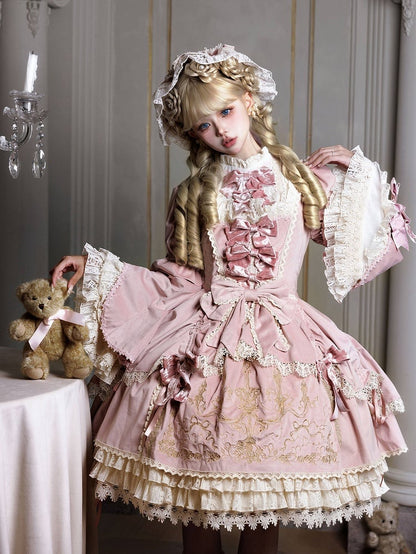 Candle and Candlestick Embroidery Pink Bell Sleeves Velvet Dress Lolita OP / Set