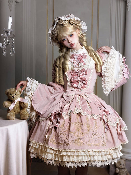 Candle and Candlestick Embroidery Pink Bell Sleeves Velvet Dress Lolita OP / Set