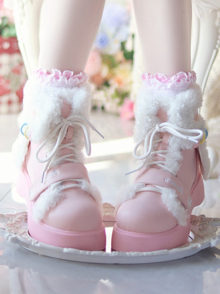Sweet Lolita Pink Platform Ankle Boots - Plush Bunny Ears with Dual Lace & Velcro Design