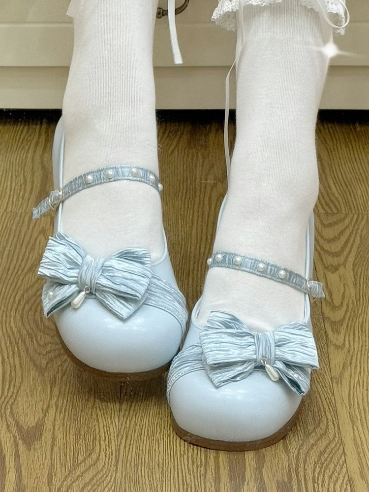 Light Blue Beaded Decorated Bow at Top Heart Buckle Round Toe Lolita Shoes