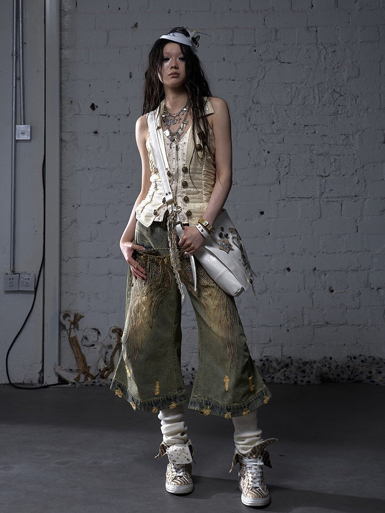 Blue/Yellow Faded Wash Distressed Holes Angel Wing Embroidery Vintage Punk Wide-leg Jeans