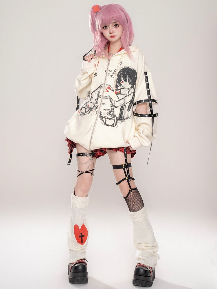 Punk Black/Beige Comic Girl Print Cutout Sleeves Zip Hoodie