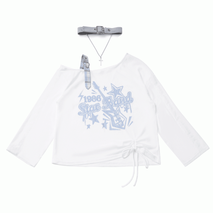 Blue/Black Guitar Print Asymmetrical Neckline Coverup with Free Choker