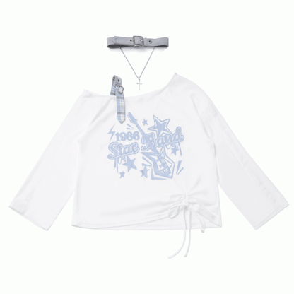 Blue/Black Guitar Print Asymmetrical Neckline Coverup with Free Choker