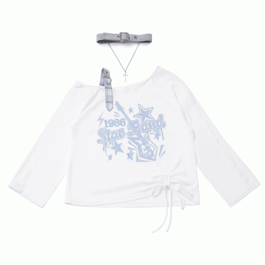 Blue/Black Guitar Print Asymmetrical Neckline Coverup with Free Choker