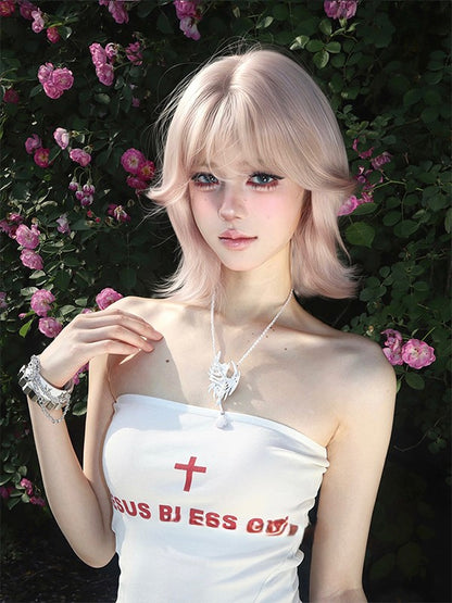 Light Pink 35CM Length Short Wig With Curtain Bangs